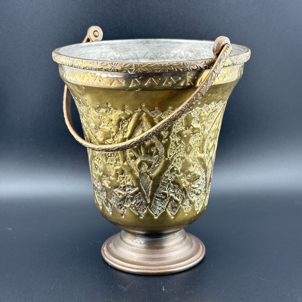 Small Vintage Rustic Brass Metal Bucket with Handle Hand Hammered Decor 5.5" H